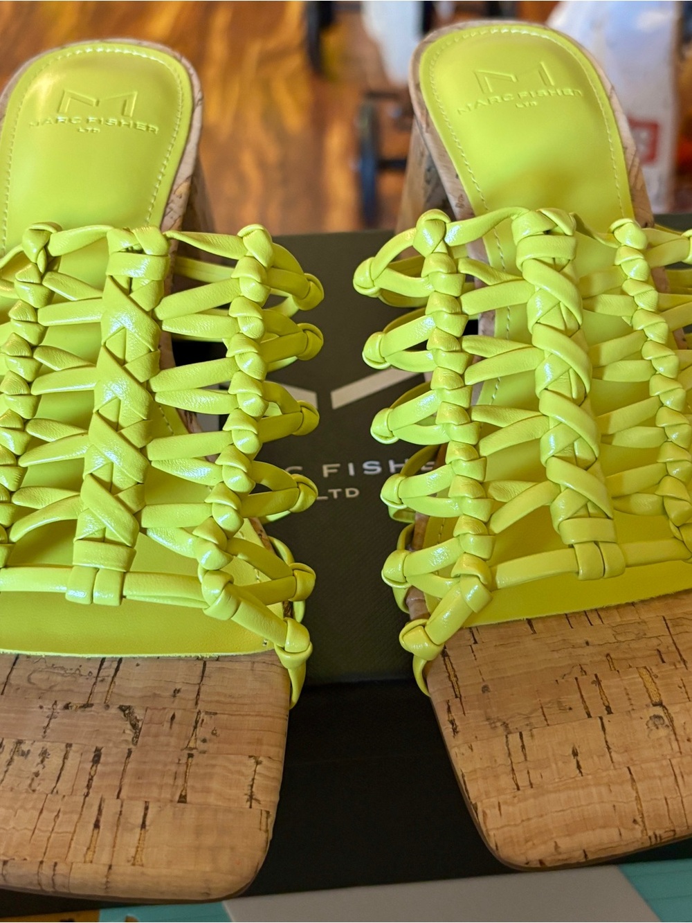 Marc Fisher LTD Colica Yellow Woven Block Heel Sandals Size 5.5